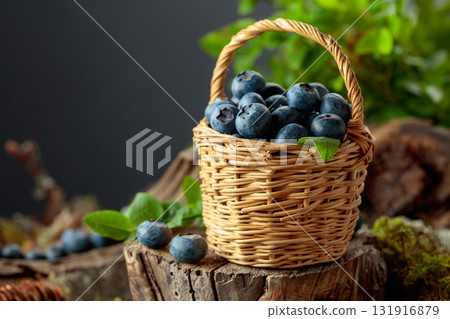 Small wicker basket filled with ripe blueberries. Small wicker basket filled with ripe blueberries. 131916879