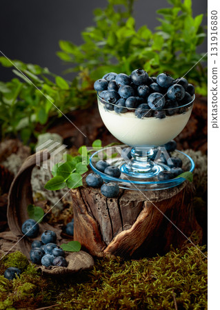 Panna cotta with fresh blueberries served in a clear bowl. Panna cotta with fresh blueberries served in a clear bowl. 131916880