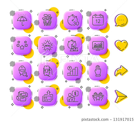 Shop app, Graph chart and Annual calendar line icons. App 3d buttons. Social media comment, share, like icons. Pack of Inspect, New star, Fast delivery icon. Vector 131917015
