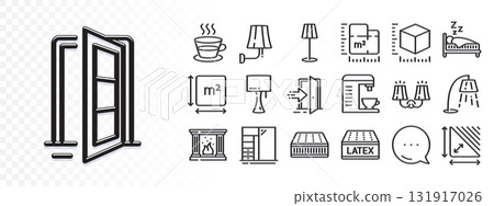 Coffee machine, Coffee cup and Floor plan line icons for web app. Glare of light effect. Message icon. Pack of Open door, Entrance, Fireplace pictogram icons. Vector Coffee machine, Coffee cup and Floor plan line icons for web app. Glare of light effect. Message icon. Pack of Open door, Entrance, Fireplace pictogram icons. Vector 131917026