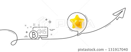 Bitcoin line icon. Continuous line with share plane. Cryptocurrency monitor sign. Crypto money symbol. 3d star in speech bubble. Bitcoin system single line ribbon. Loop curve pattern. Vector Bitcoin line icon. Continuous line with share plane. Cryptocurrency monitor sign. Crypto money symbol. 3d star in speech bubble. Bitcoin system single line ribbon. Loop curve pattern. Vector 131917040