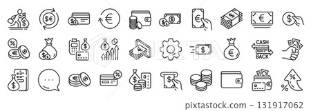 Money wallet line icons. Settings gear, Message, Inflation icons. Set of Credit card, Cash and Coins icons. Banking, Currency exchange and Cashback service. Vector Money wallet line icons. Settings gear, Message, Inflation icons. Set of Credit card, Cash and Coins icons. Banking, Currency exchange and Cashback service. Vector 131917062