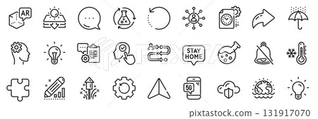 Waterproof umbrella, Networking and Augmented reality line icons pack. Share, Message, Paper plane icons. Fireworks, Idea, Project deadline web icon. Vector Waterproof umbrella, Networking and Augmented reality line icons pack. Share, Message, Paper plane icons. Fireworks, Idea, Project deadline web icon. Vector 131917070