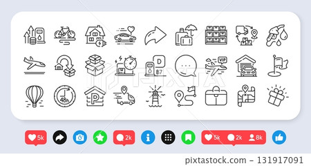Delivery online, Milestone and Home charging line icons pack. Social media: share, comment, like icons. Lighthouse, Diesel station, Petrol station web icon. Vector Delivery online, Milestone and Home charging line icons pack. Social media: share, comment, like icons. Lighthouse, Diesel station, Petrol station web icon. Vector 131917091