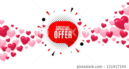 Special offer love banner with 3d hearts. Flying hearts background. Special offer sticker. Discount banner shape. Sale coupon bubble icon. Valentines day greeting card. Vector Special offer love banner with 3d hearts. Flying hearts background. Special offer sticker. Discount banner shape. Sale coupon bubble icon. Valentines day greeting card. Vector 131917104
