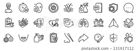 Coronavirus pills, Medical mask and Uv protection line icons pack. Share, Message, Paper plane icons. Wash hands, Veins, Stop coronavirus web icon. Vector 131917112