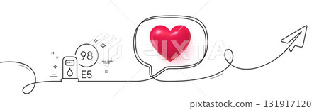 Petrol station line icon. Continuous line with share plane. Filling station sign. E5 petroleum fuel symbol. 3d heart in speech bubble. Petrol station single line ribbon. Loop curve pattern. Vector 131917120
