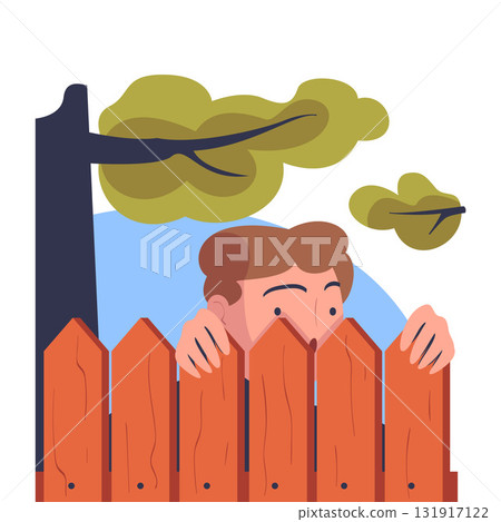 Man Character Spying, Observing and Sneaking Looking and Peeping Out Fence Vector Illustration 131917122