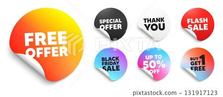 Free offer sticker tag. Special offer paper price tags. Free offer tag. Special offer sign. Sale promotion symbol. Discount, black friday sticker. Promo banner. Vector 131917123