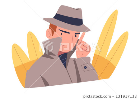 Man Character Spying, Observing and Sneaking in Hat and Coat Looking and Peeping Out Vector Illustration Man Character Spying, Observing and Sneaking in Hat and Coat Looking and Peeping Out Vector Illustration 131917138