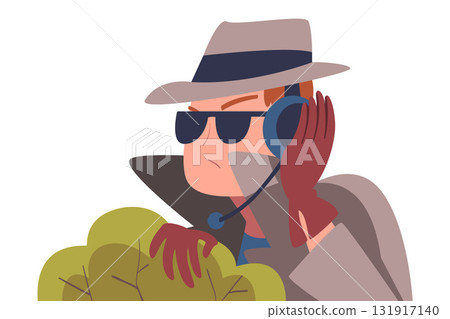 Man Character Spying, Observing and Sneaking in Hat and Coat Behind Bush Looking and Peeping Out Vector Illustration 131917140