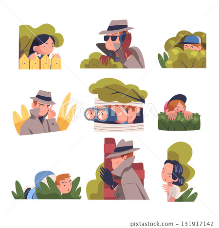 People Character Spying, Observing and Sneaking Looking and Peeping Out Vector Set 131917142