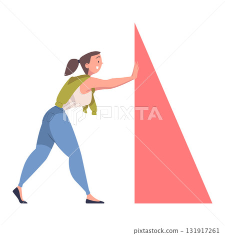 Woman Character Pushing Figure and Big Shape Vector Illustration Woman Character Pushing Figure and Big Shape Vector Illustration 131917261