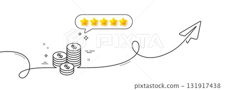 Coins money line icon. Continuous line with share plane. Banking currency sign. Cash symbol. Five star rate review in speech bubble. Coins single line ribbon. Loop curve pattern. Vector 131917438
