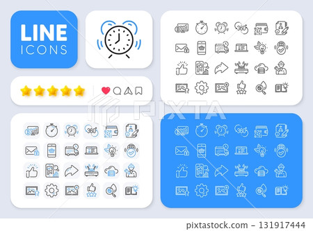 Timer, Repairman and Product knowledge line icons for web app. Message, Share, Like social media icons. Pack of Qr code, Verified internet, Water analysis pictogram icons. Vector Timer, Repairman and Product knowledge line icons for web app. Message, Share, Like social media icons. Pack of Qr code, Verified internet, Water analysis pictogram icons. Vector 131917444