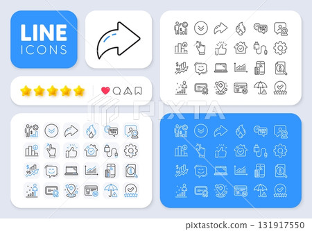 Touchscreen gesture, Smile face and Rating stars line icons for web app. Message, Share, Like social media icons. Pack of Charging cable, Decreasing graph, Laptop pictogram icons. Vector 131917550