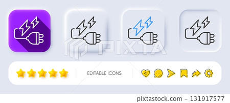 Electricity plug line icon. Neumorphic, Flat shadow, 3d buttons. Energy type for battery sign. Lightning bolt symbol. Line electricity plug icon. Social media icons. Vector 131917577