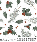 Watercolor seamless pattern of branches with Christmas red berries of ilex and fir tree branches. Hand drawing illustration on isolated background. Repeat pattern of Winter New Year pine branches. 131917637