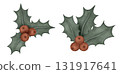 Christmas illustration of holly with its characteristic, glossy green leaves and bright red berries. Set of new year compositions conveys a festive for holiday seasons and winter celebrations. 131917641