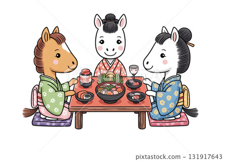 描繪馬一家圍著年夜飯的插圖。新年慶祝場景。可愛的十二生肖新年卡片素材。 131917643