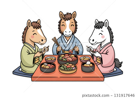 描繪馬一家圍著年夜飯的插圖。新年慶祝場景。可愛的十二生肖新年卡片素材。 131917646