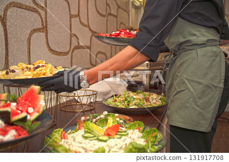Selective focus. Row of Chafing Dishes at Event Buffet 131917708