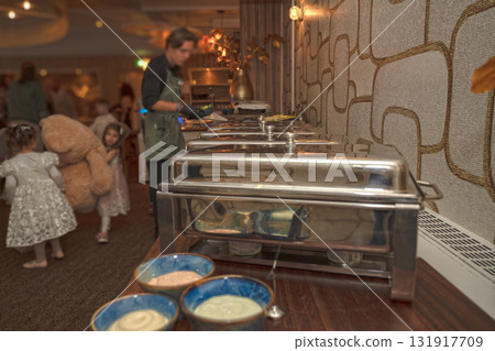 Selective focus. Row of Chafing Dishes at Event Buffet 131917709