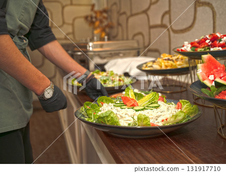 Selective focus. Row of Chafing Dishes at Event Buffet 131917710