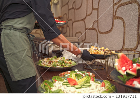Selective focus. Row of Chafing Dishes at Event Buffet 131917711
