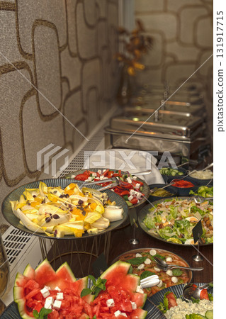 Selective focus. Row of Chafing Dishes at Event Buffet 131917715