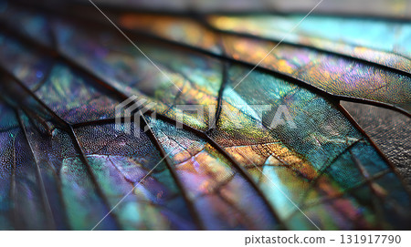 A close-up of the rainbow-colored wings of a mysterious insect 131917790
