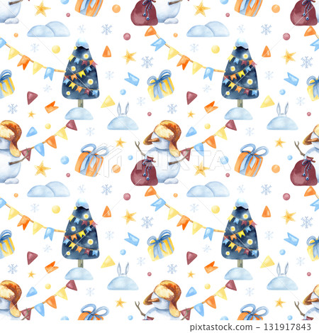 Christmas seamless pattern children illustration. Snowman, gift box, decorated tree, garland, star, snow and snowdrift. Watercolor art isolated from background. New Year packaging, wrapping paper Christmas seamless pattern children illustration. Snowman, gift box, decorated tree, garland, star, snow and snowdrift. Watercolor art isolated from background. New Year packaging, wrapping paper 131917843