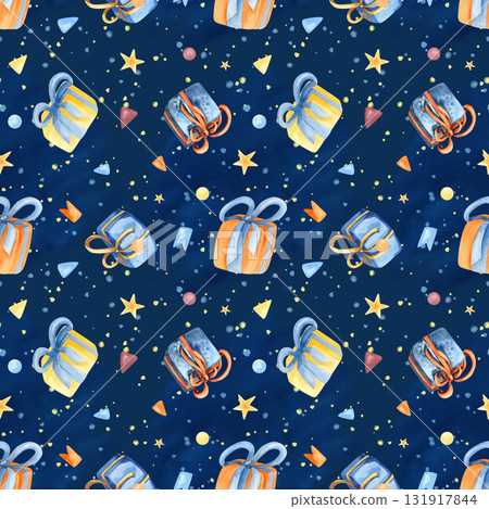 Festive seamless pattern with gift box, confetti, flags, watercolor splashes, golden stars. Bright illustration cheerful art isolated on dark blue background. Birthday packaging, holiday decoration Festive seamless pattern with gift box, confetti, flags, watercolor splashes, golden stars. Bright illustration cheerful art isolated on dark blue background. Birthday packaging, holiday decoration 131917844