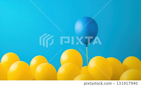 Standout Blue Balloon Surrounded By Yellow Balloons On A Blue Background With Space For Text Standout Blue Balloon Surrounded By Yellow Balloons On A Blue Background With Space For Text 131917940
