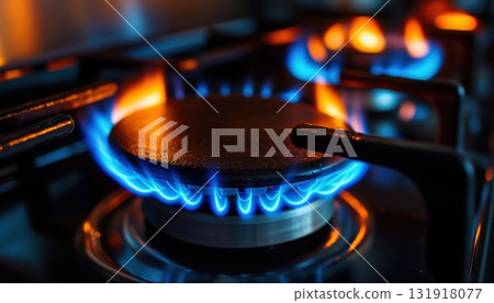 Orange Flames Of Blue Flame Emitting From A Gas Burner In A Gas Oven 131918077
