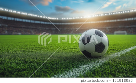 Ball Resting On The Lush Green Field Of A Soccer Stadium 131918083
