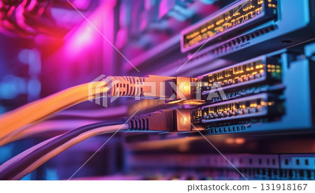 Connection Of Fiber Optic Cables To Optic Ports And Utp Network Cables To Ethernet Ports For Data 131918167