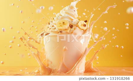Dynamic Liquid Splashes In Rendered Digital Artwork Of Banana Chocolate And Vanilla Milkshake With 131918266