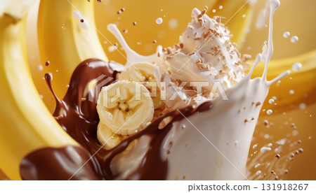 Dynamic Liquid Splashes In A Banana Chocolate Milkshake And Vanilla Milk 131918267