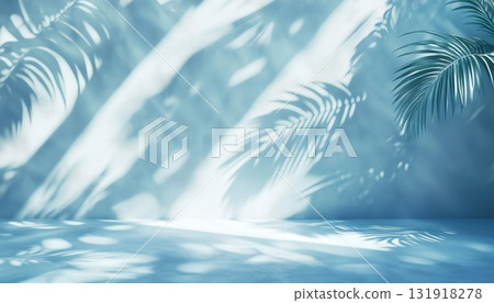 Shadow Of Tropical Leaves And Curtains On Light Blue Abstract Background For Product Presentation 131918278