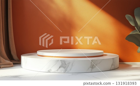 Soft Orange Coloured White Podium With Geometric Shapes And Marble Pedestal Circle For Product 131918393