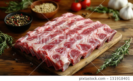Top View Of Grilled Veal Meat Ribs Cutlets With Ingredients On Wooden Table Top View Of Grilled Veal Meat Ribs Cutlets With Ingredients On Wooden Table 131918401