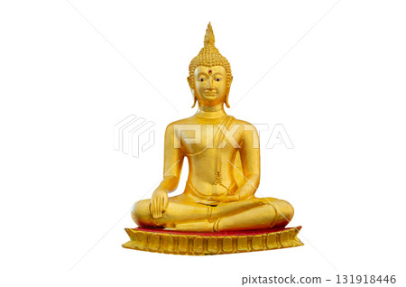 Golden Buddha statue meditating isolated on transparent background PNG file 131918446