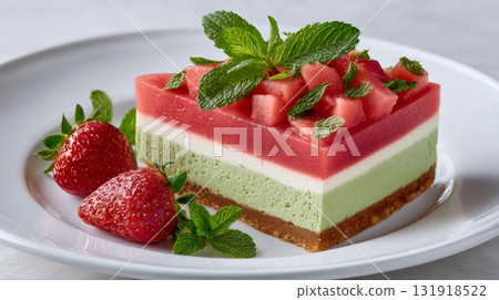 Watermelon cheesecake slice with mint and fresh strawberries 131918522