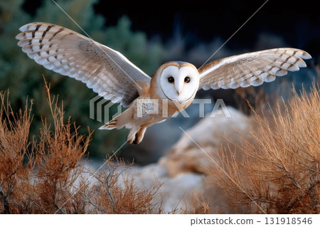 Barn owl flying silently across dry landscape at dusk 131918546