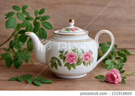 Porcelain teapot with pink roses and green leaves 131918600