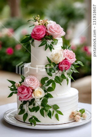 Three tier white wedding cake decorated with roses 131918607
