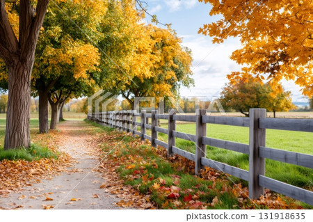 Autumn path with colorful leaves and rustic fence 131918635