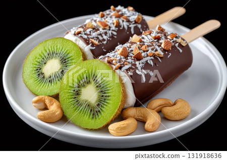 Chocolate dipped popsicles with kiwi, cashews, and coconut 131918636