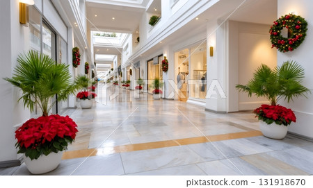 Shopping mall decorated for Christmas holidays creating festive atmosphere 131918670